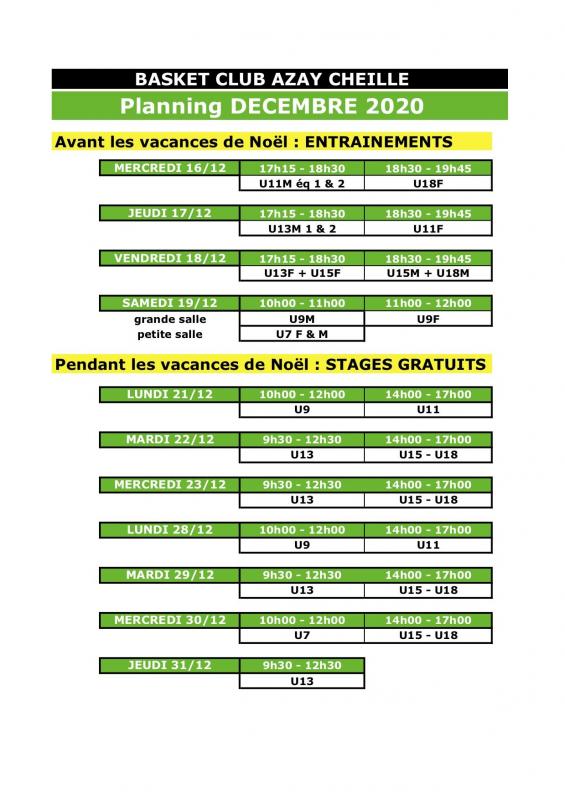 Planning decembre 2020